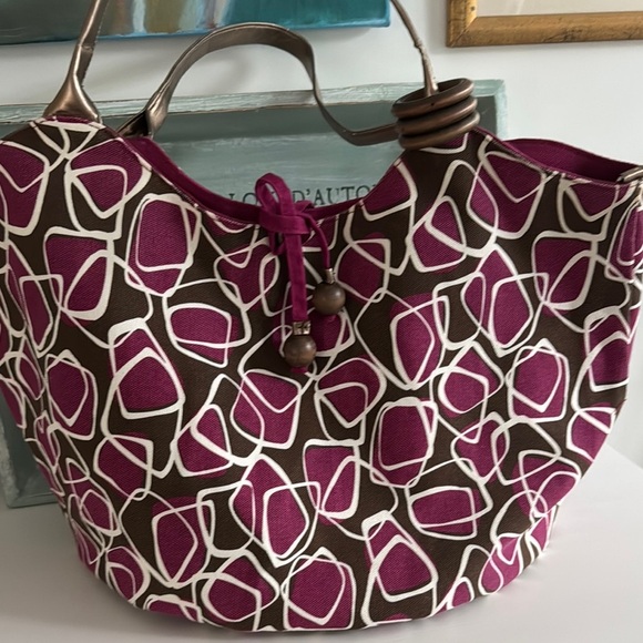 Purple and Brown Geometric Tote Bag with Faux Leather Metallic Handles - Picture 4 of 10